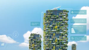 Modernes, begrüntes Hochhaus mit digitalen ESG-Daten-Overlays zu CO₂-Äquivalent, Energiebedarf, Energieeffizienzklasse und Gebäudegröße.
