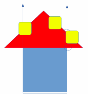 Haus mit rotem Dach und gelben Formen